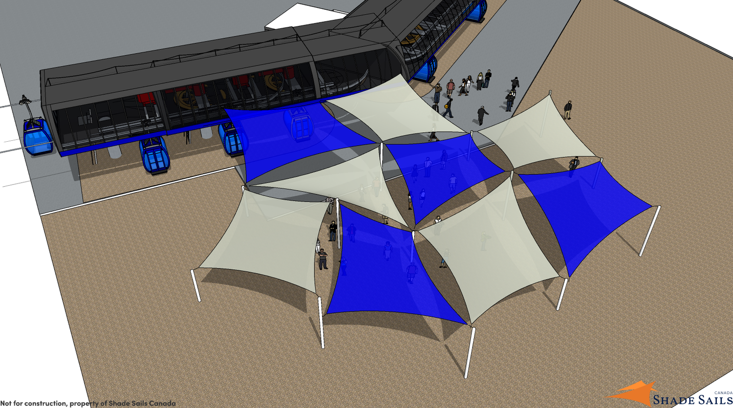 cluster of grey and blue shade sails showcasing commercial shade installations